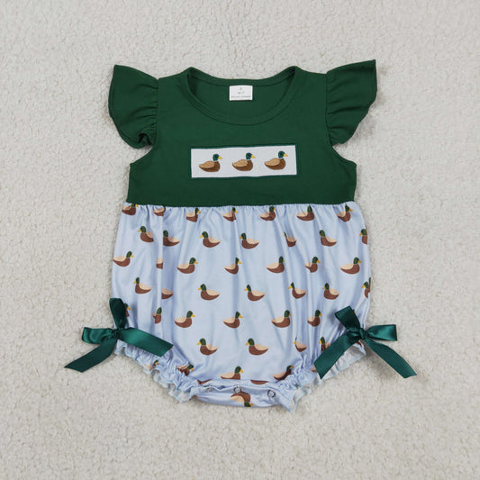 Baby Girls Infant Green Short Sleeves Embroidery Ducks Bows Bubble Romper RTS