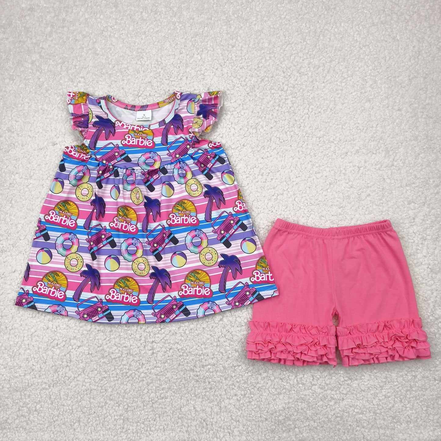Baby Girl Short Sleeves Stripes Car Tunic Ruffle Short Doll Pink Set RTS