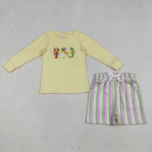 Baby Boys Kids Toddler Embroidery Animals Shirt Stripes Pockets Shorts Mardi Gras Clothes Set RTS