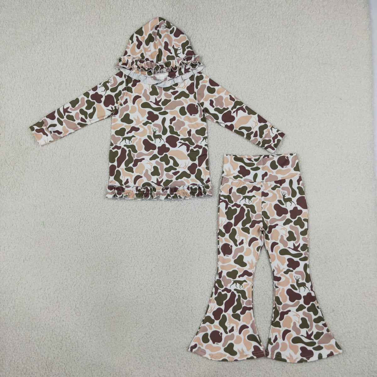 Baby Girls Dogs Ducks Deer Camo Hoodie Pullover Bell Pants Clothes Set RTS