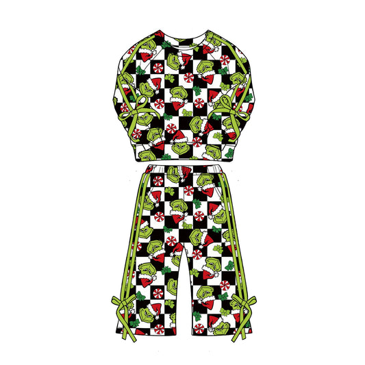( Moq 5 ) Preorder Baby Girls Kids Christmas Green Face Bows Shirt Pockets Pants Set Clothes