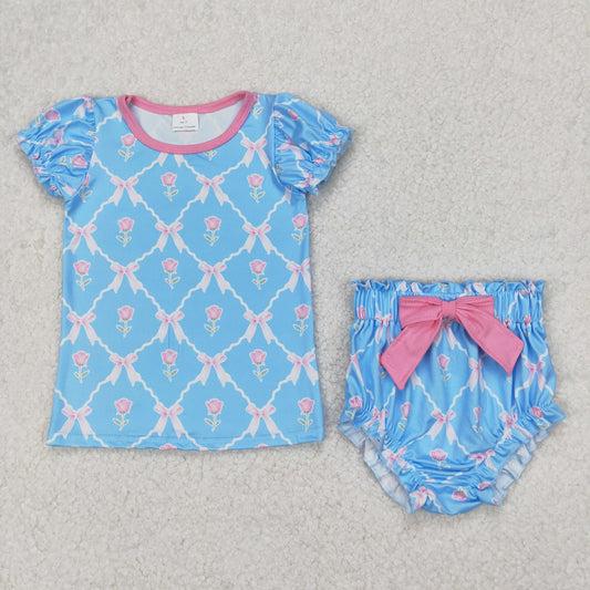 Baby Girl Short Sleeves Flower Bows Blue Shirt Bummie Shorts Set RTS