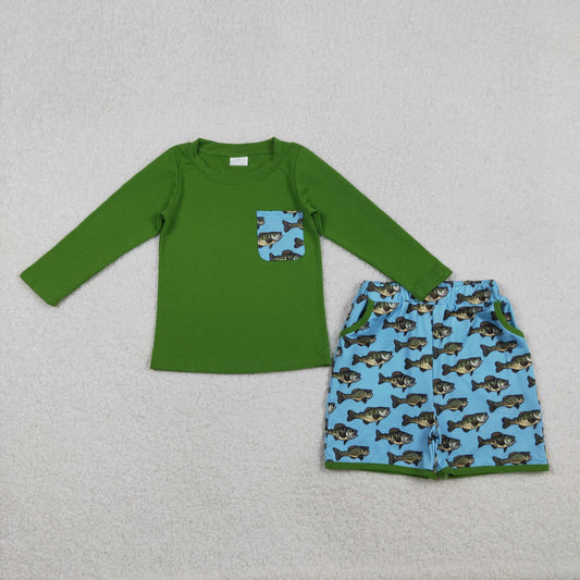 Boy Kids Green Long Sleeves Shirt Fish Pockets Shorts Clothes Set RTS