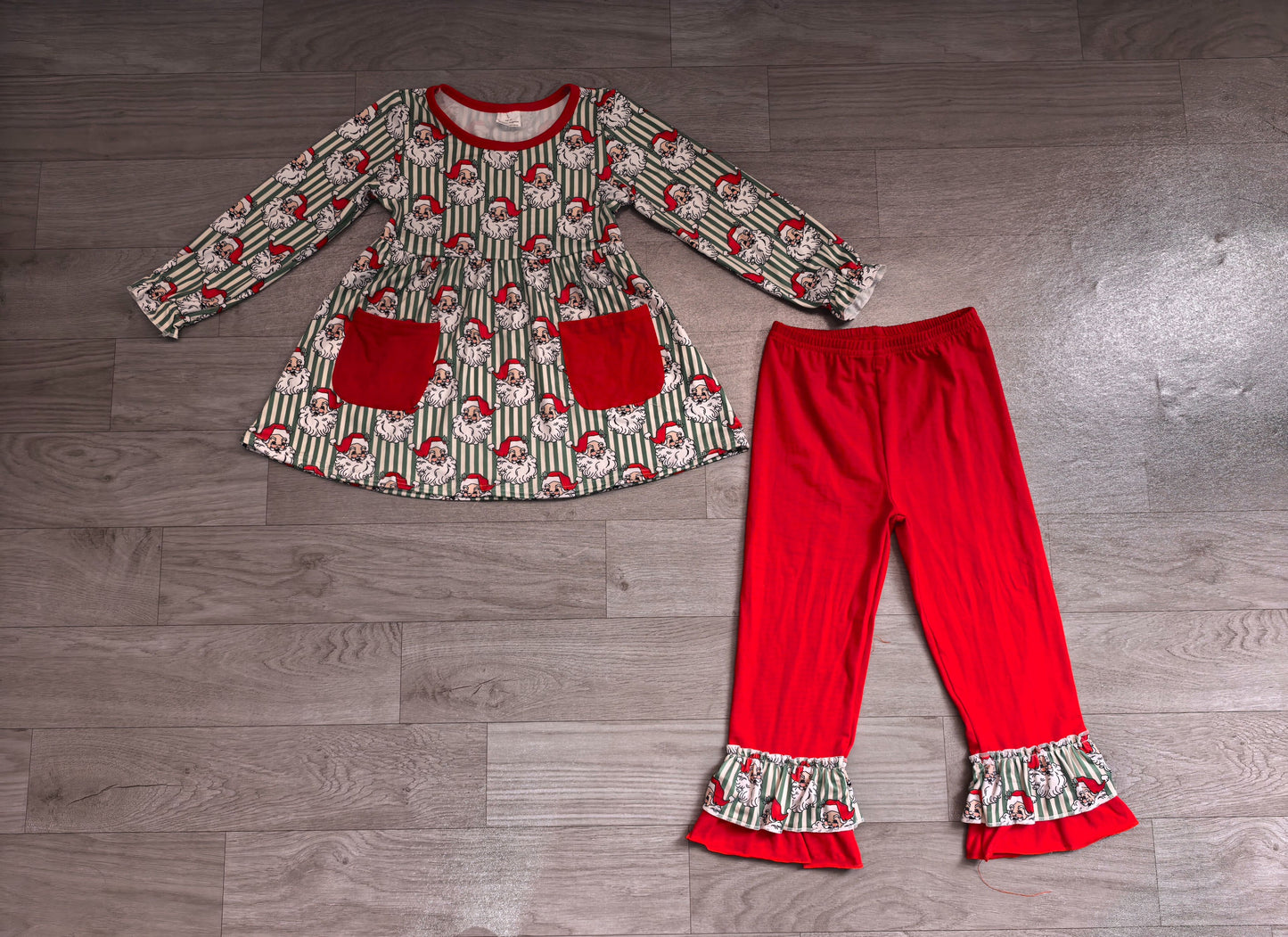 ( No moq ) Preorder Baby Girl Kids Christmas Santa Stripes Pockets Tunic Red Ruffle Pants Set Clothes