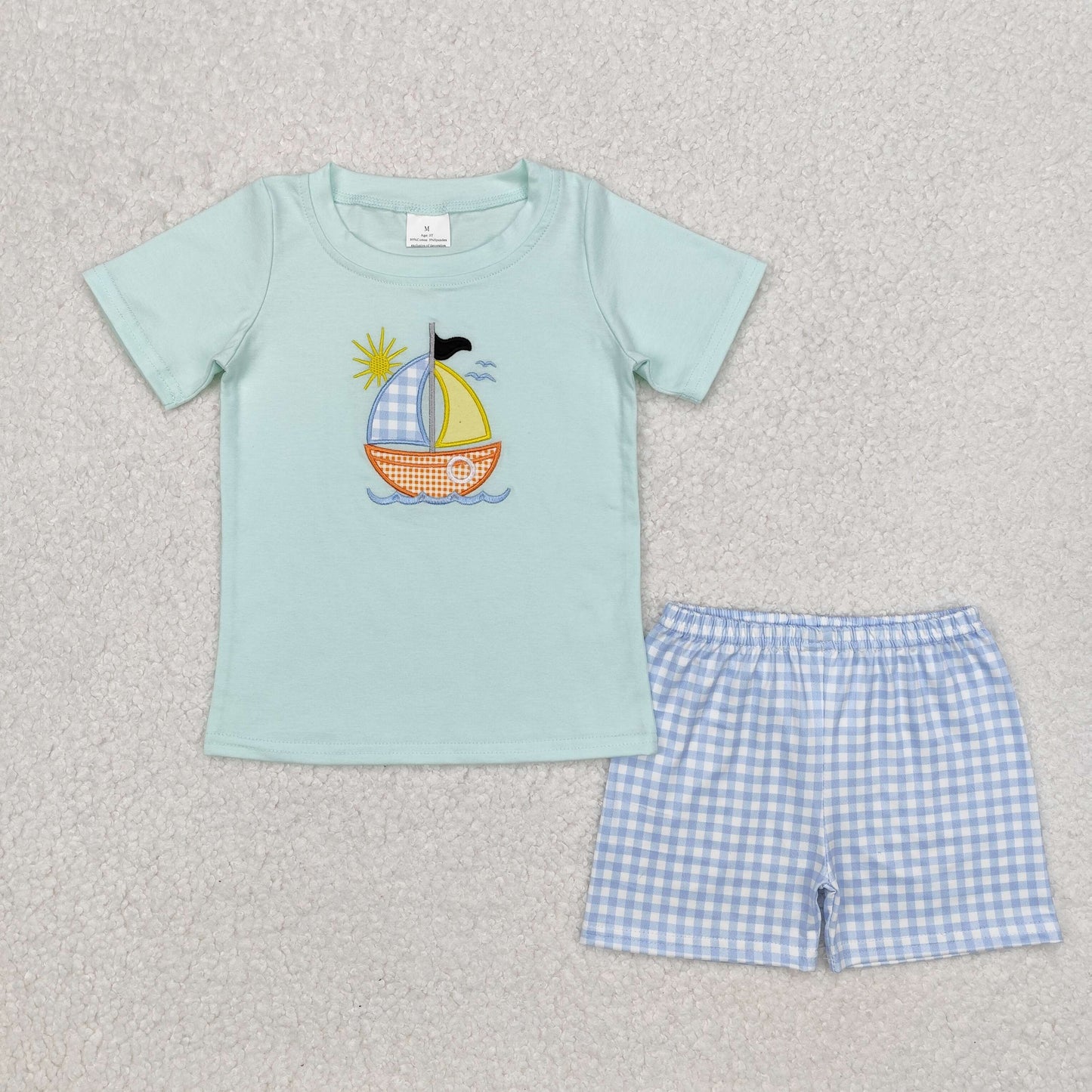 Baby Boy Short Sleeves Embroidery Boat Shirt Blue Plaid Shorts Clothes Set