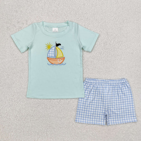 Baby Boy Short Sleeves Embroidery Boat Shirt Blue Plaid Shorts Clothes Set