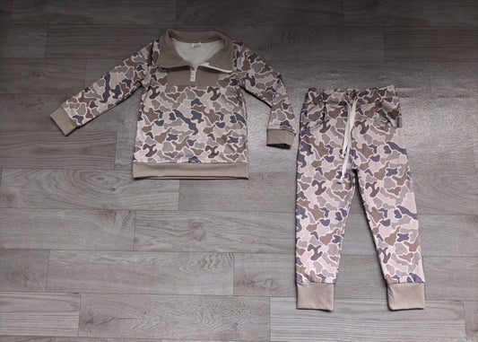 ( No moq ) Preorder Baby Boys Kids Long Sleeves Grey Camo Print Zipper Pullover Pockets Pants Set Clothes