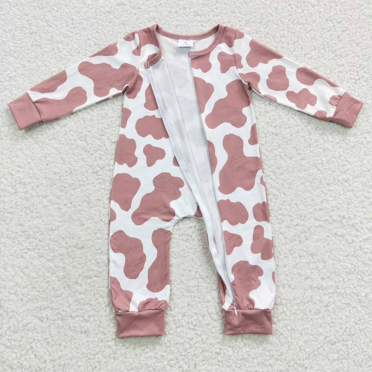 LR0333 Baby Kids Newborn Long Sleeves Zip Cow Print Western One Piece Romper