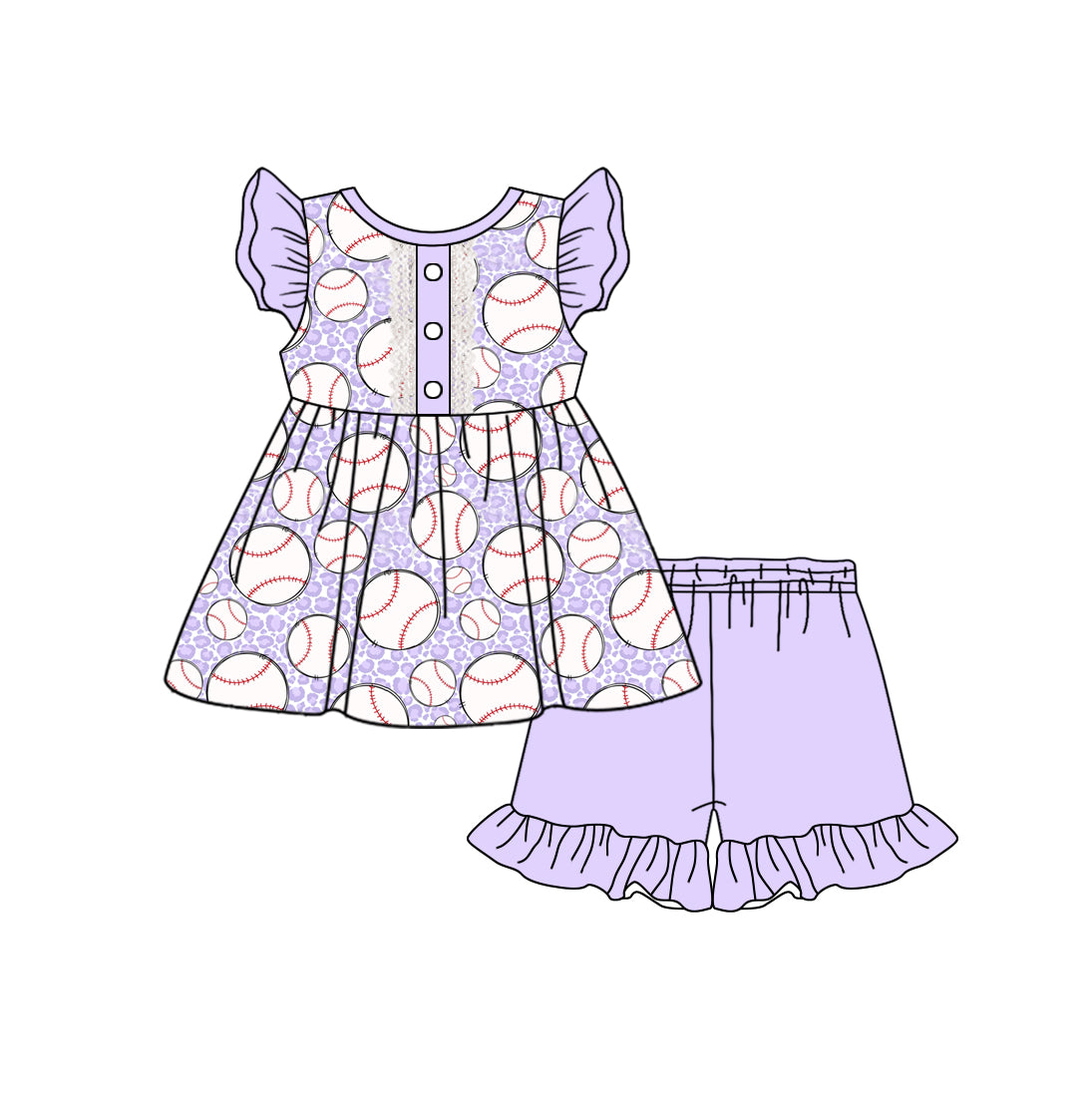 Baby Girl Toddler Short Sleeves Baseball Leopard Tunic Purple Shorts Clothes Set Moq 5 (11.30)