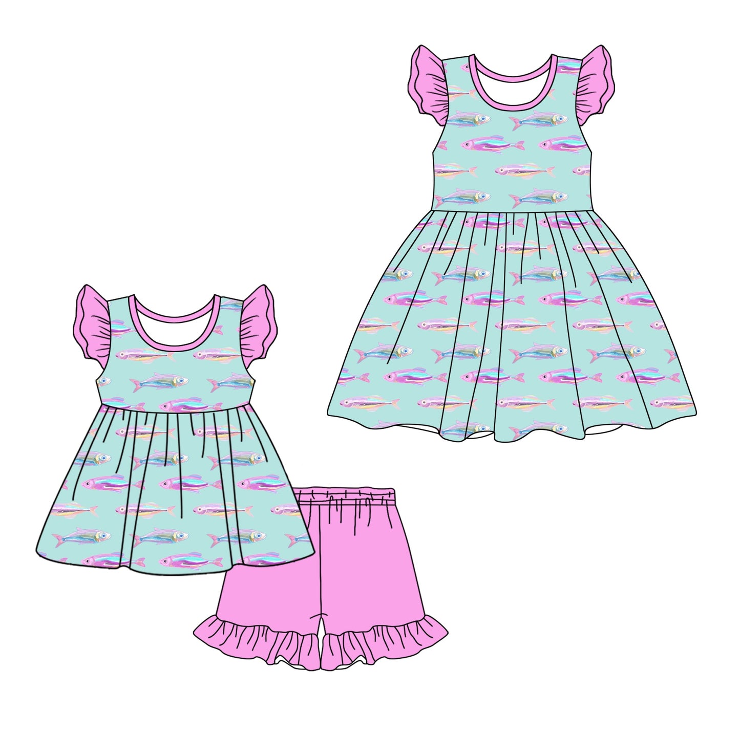 Baby Girl Short Sleeves Fishing Sibling Dress Set ( Moq 5 Each Style ) 2.10