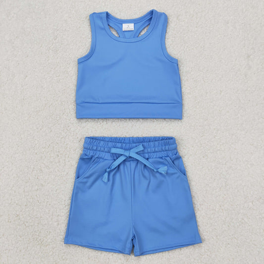 Baby Girl Blue Best Shirt Pockets Shorts Yoga Active Wear Clothes Sports Set RTS