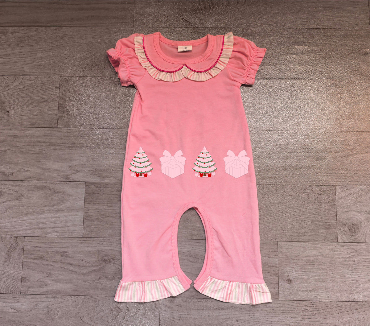 ( No moq ) Preorder Baby Girls Infant Short Sleeves Embroidery Christmas Tree Romper Pink Clothes