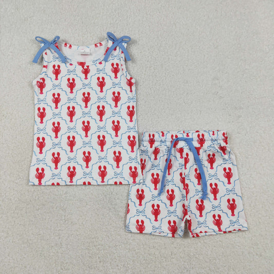 Baby Girls Kids Sleeveless Crayfish Bows Tops Shorts Summer Set RTS