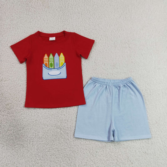 Baby Boys Kids Embroidery Pencil Red Shirt Shorts Back to School Set RTS