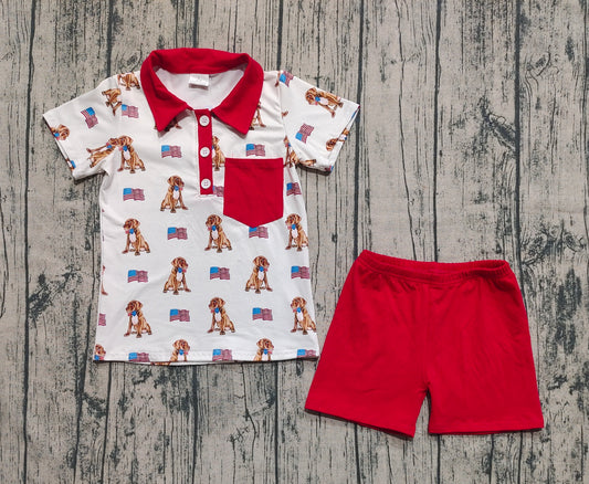 ( Moq 5 ) Baby Boy Short Sleeves Dogs Flags Shirt Red Shorts 4th Of July Set
