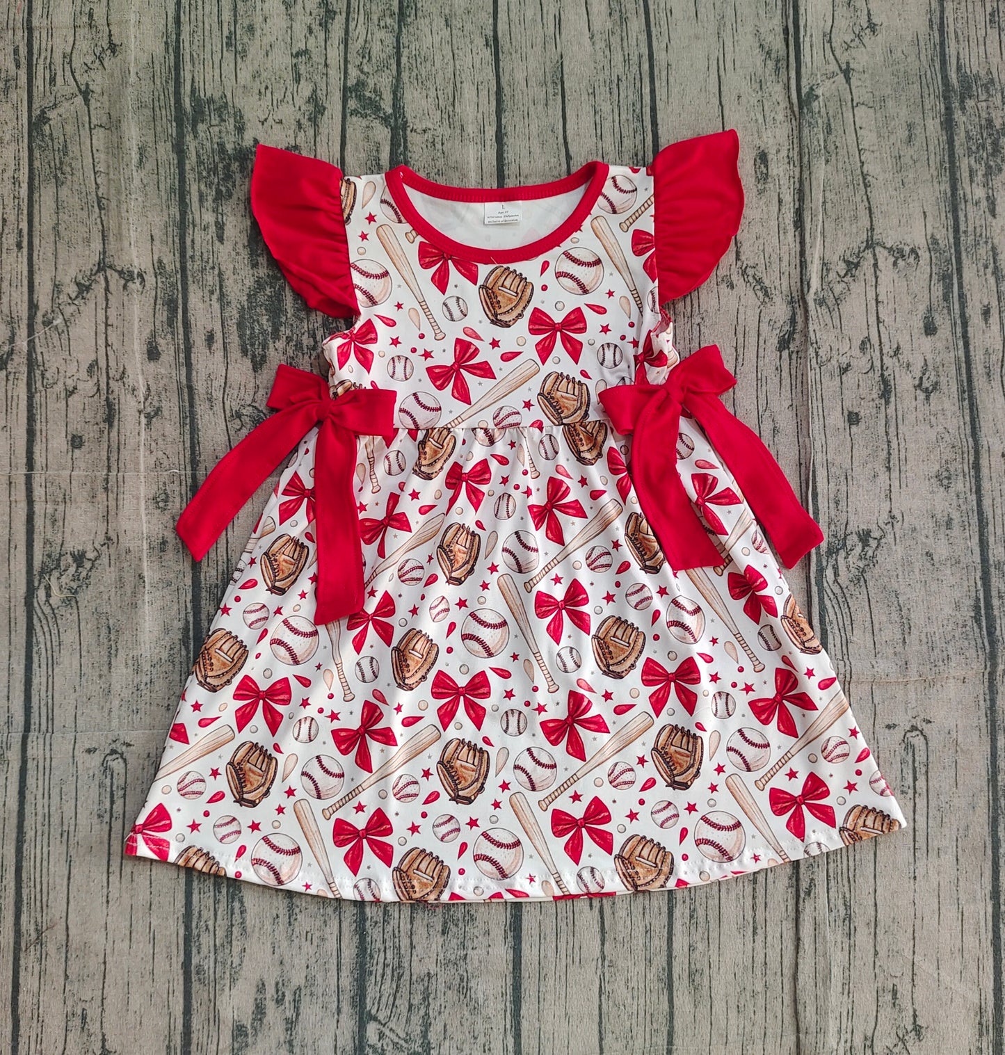 Baby Girl Kids Short Sleeves Baseball Bows Knee Length Dress RTS