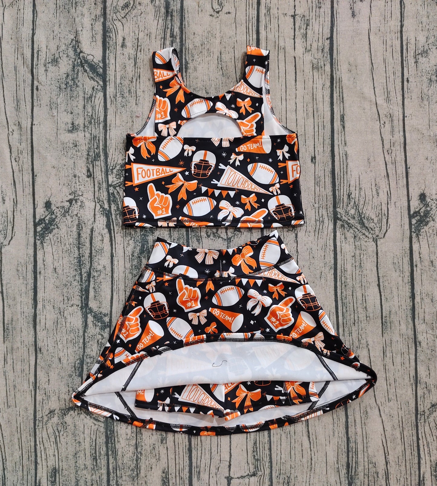 Baby Girl Shot Sleeves Orange Football Bows Cheer Tops Skort Team Yoga Active Set RTS