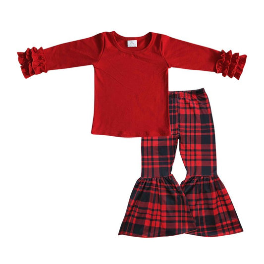 Baby Girl Long Sleeves Red Cotton Shirt Plaid Bell Pants Outfit