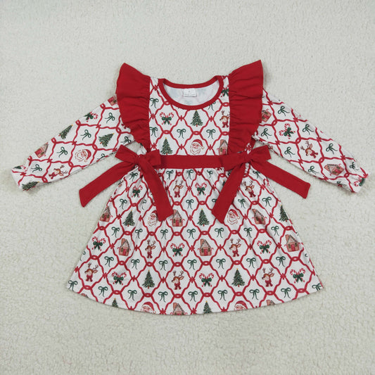 Baby Girl Long Sleeves Christmas Santa Bows Knee Length Dress RTS