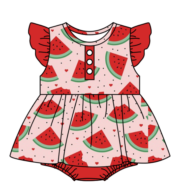 Baby Girl Short Sleeves Watermelon Hearts Sibling Romper Dress Clothes Set ( Moq 5 Each Design )