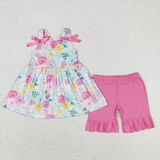 Baby Girl Sleeveless Flower Tops Pink Shorts Summer Set