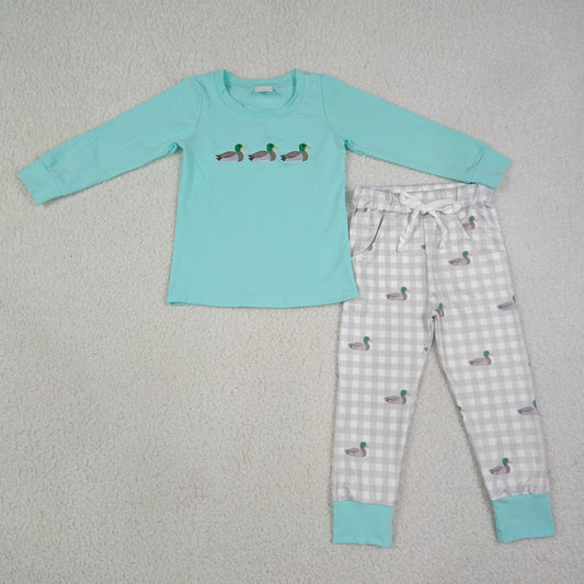 Sibling Baby Boys Kids Long Sleeves Embroidery Ducks Plaid Romper Set Clothes RTS