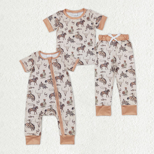 Sibling Baby Boys Short Sleeves Western Rodeo Cactus Zipper Romper Pajamas Set RTS