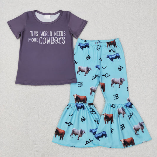 GSPO0939 Baby Girl Short Sleeves Shirt Bell Pants Western Cow Print Outfit