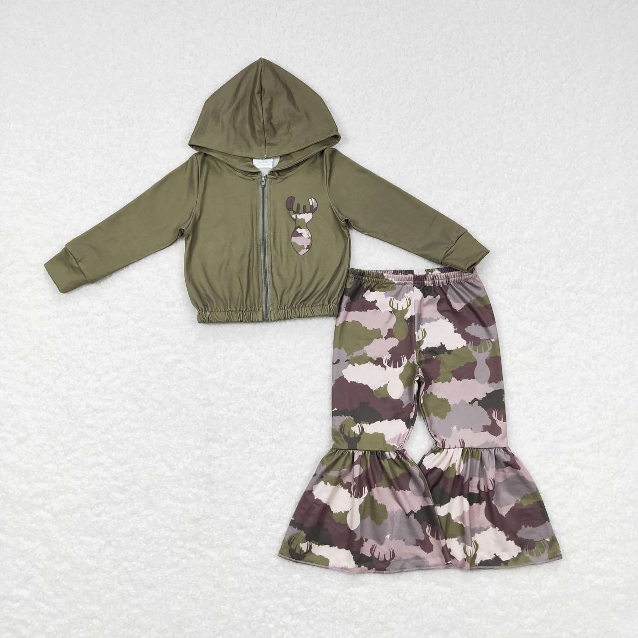 GT0335 Baby Kids Long Sleeves Camo Reindeer Zip Hoodie Green Cardigan Tops