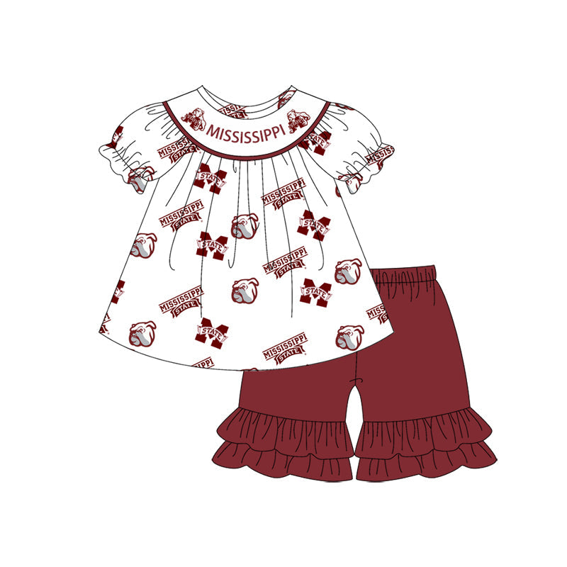Baby Girl Short Sleeves Team Dogs Tunic Ruffle Shorts Clothes Set (Moq 5 )