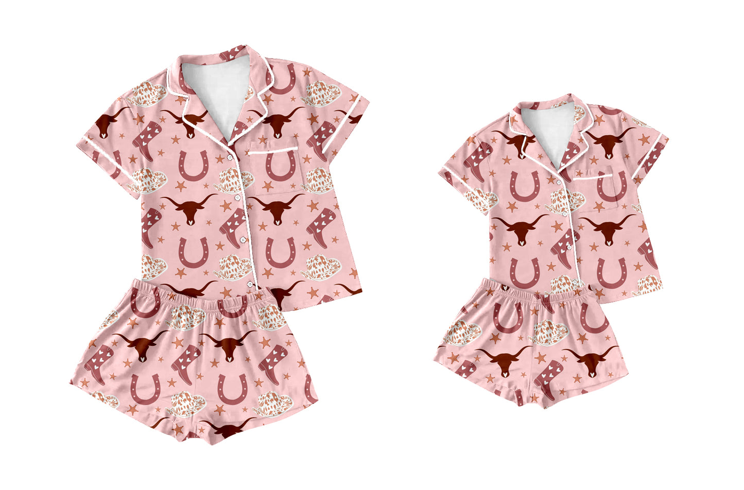 Baby Girl Toddler Adult Women Short Sleeves Western Cow Shorts Sibling Family Shorts Pajamas Set ( Moq 5 Each Style ) 12.4