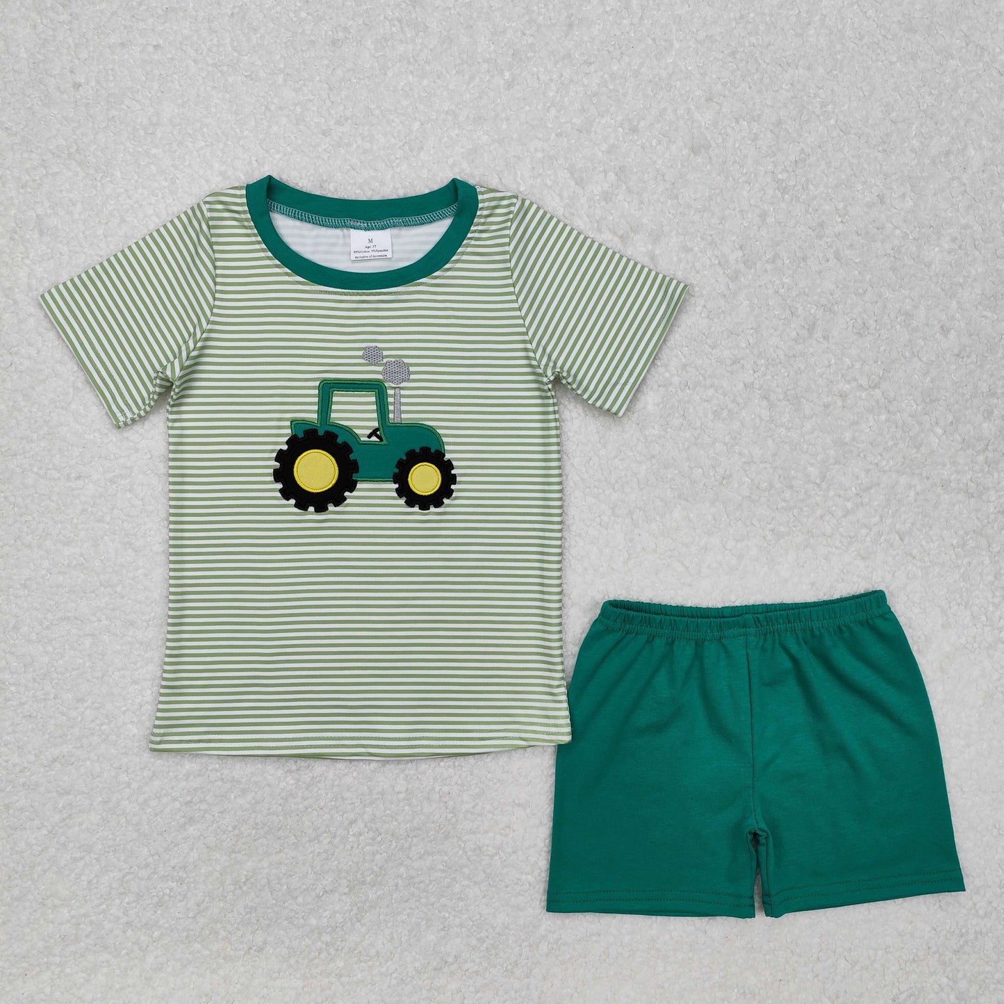 Baby Boy Infant Short Sleeves Embroidery Tractor Farm Green Romper