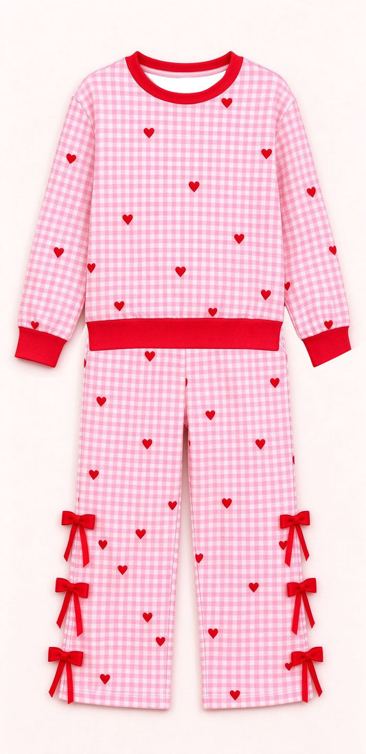 ( Moq 5 ) Preorder Baby Girls Kids Long Sleeves Hearts Plaid Shirt Bows Pants Set Valentine Clothes