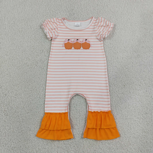 Baby Girl Kids Short Sleeves Embroidery Pumpkins Bows Stripes Romper Fall Clothes RTS
