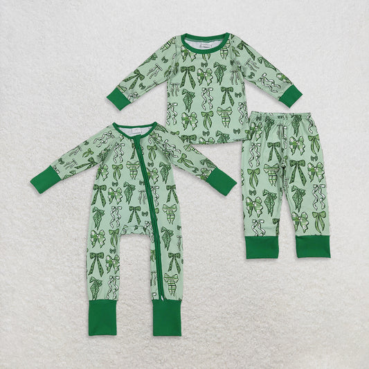 Sibling Girls Kids Long Sleeves Green Clovers Bows St Patrick Zipper Romper Pajamas Set RTS