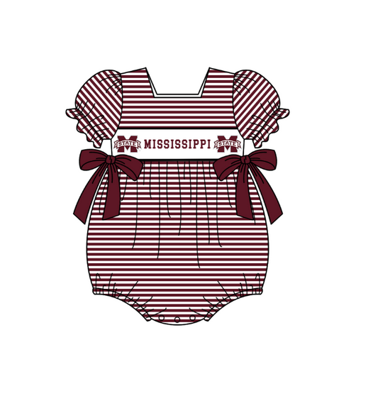 ( Moq 5 ) Baby Girls Kids Short Sleeves M Dark Red Stripes Bows Team Romper