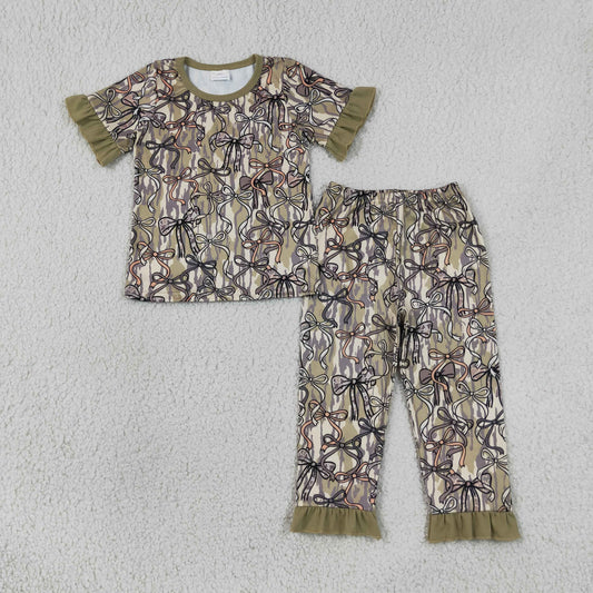 Baby Girls Short Sleeves Camo Bows Shirt Pants Hunting Pajamas Set RTS
