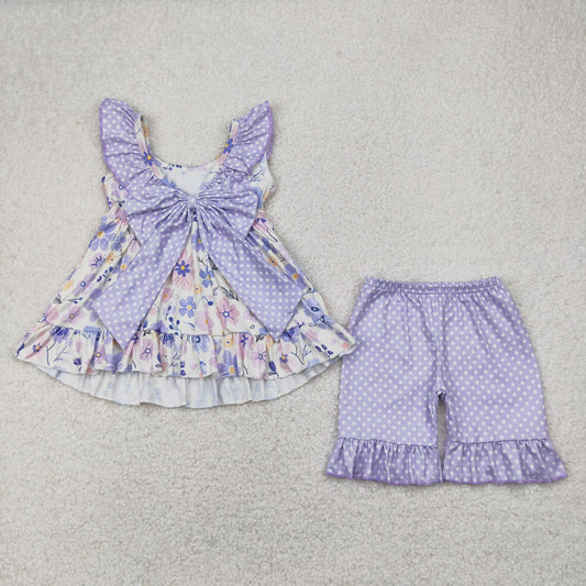 Baby Girl Sleeveless Flower Tunic Ruffle Purple Shorts Clothes Set RTS