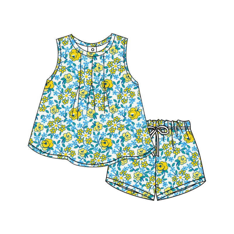 Baby Girl Sleeveless Yellow Flower Tops Shorts Summer Set ( Moq 5 )12.9