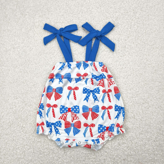 Baby Boy Infant Strap Bows Stars 4th Of July Bubble Romper RTS
