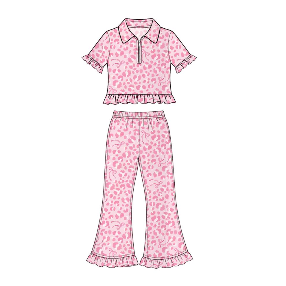 ( Moq 5 ) Preorder Baby Girls Kids Leopard Bows Zipper Tops Pants Set Pink Clothes