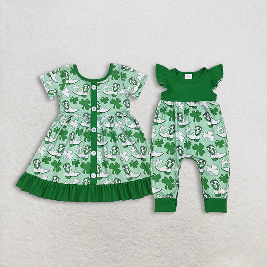 Sibling Baby Girls Kids Short Sleeves Clovers Boots St Patrick Green Romper Dress RTS