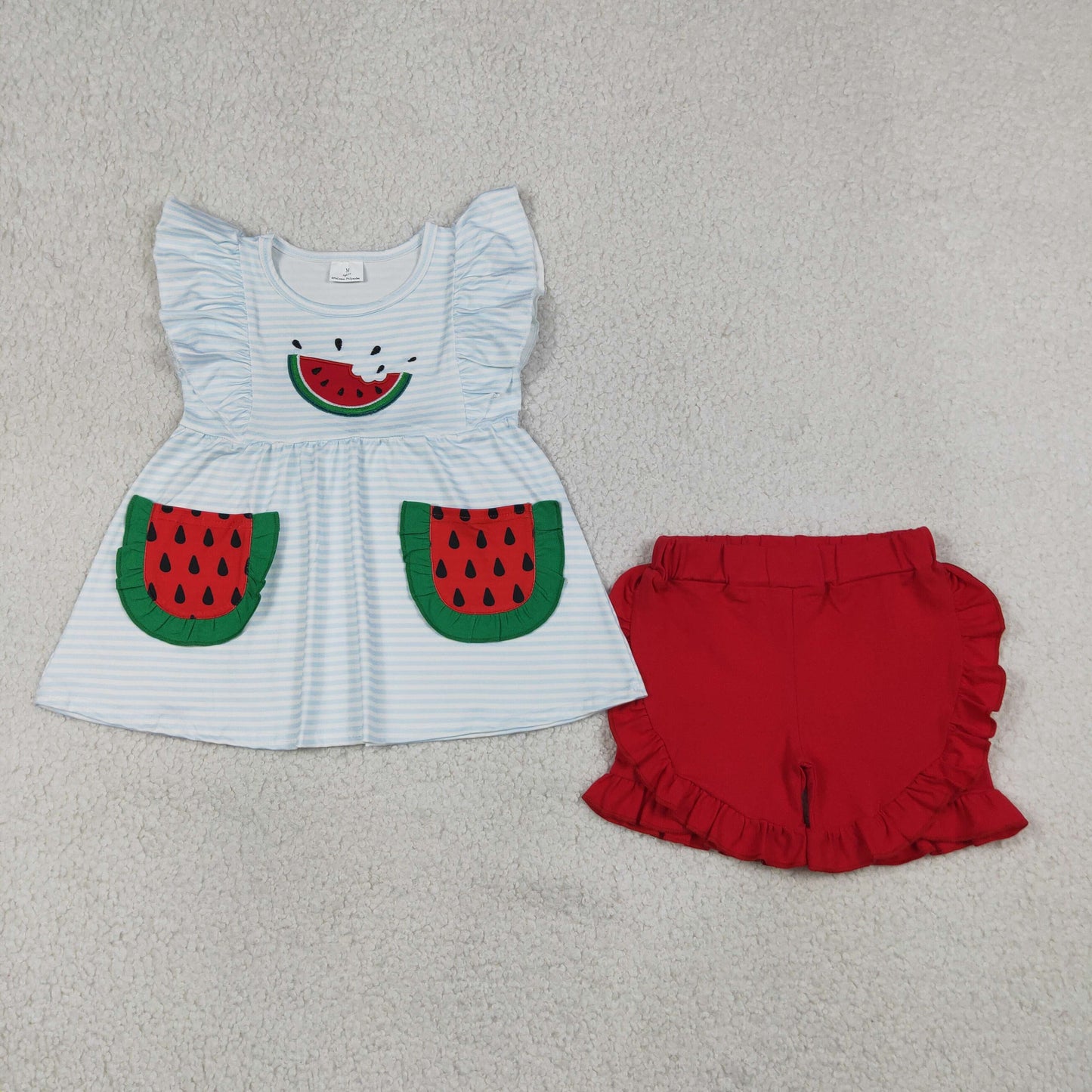 Baby Girls Kids Embroidery Watermelon Pockets Stripes Tunic Red Shorts Set Clothes RTS