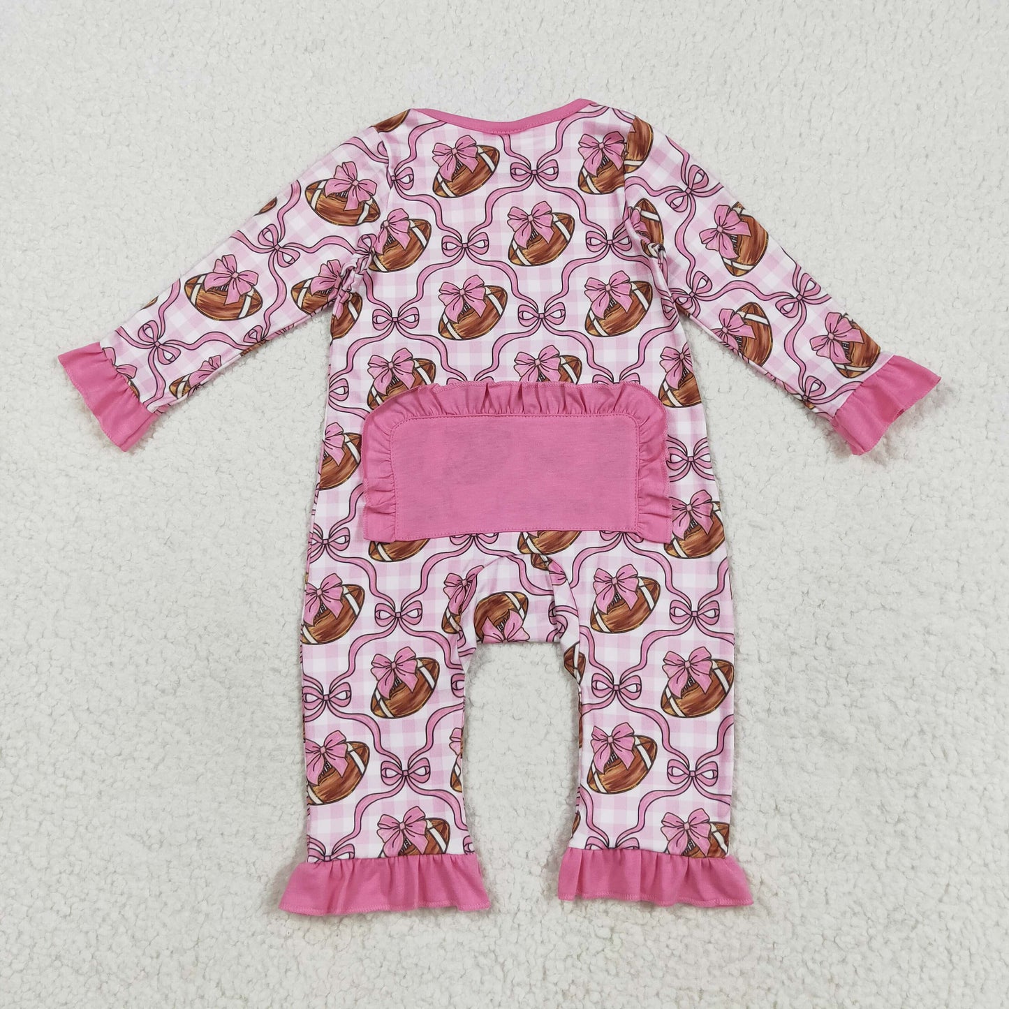 Baby Girl Long Sleeves Football Bows Pink Checked Zipper Romper RTS