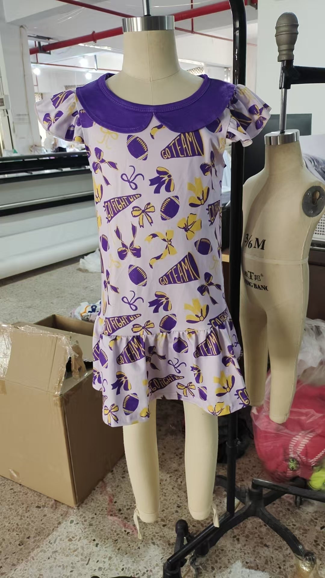 ( Mo moq ) Preorder Baby Girl Short Sleeves Cheer Purple Bows Summer Team Knee Length Dress