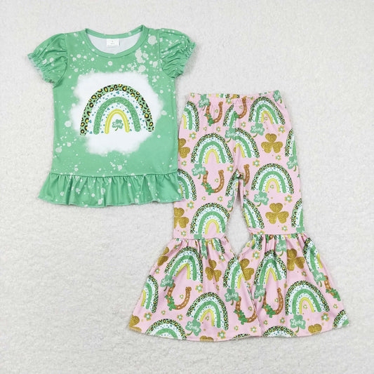 GSPO1234 St. Patrick's Day Baby Girl Short Sleeves Rainbow Shirt Bell Pants Green Set