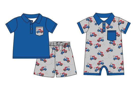 Baby Boy Short Sleeves Tractors Farm Pocket Sibling Romper Clothes Set ( Moq 5 Each Design )11.26