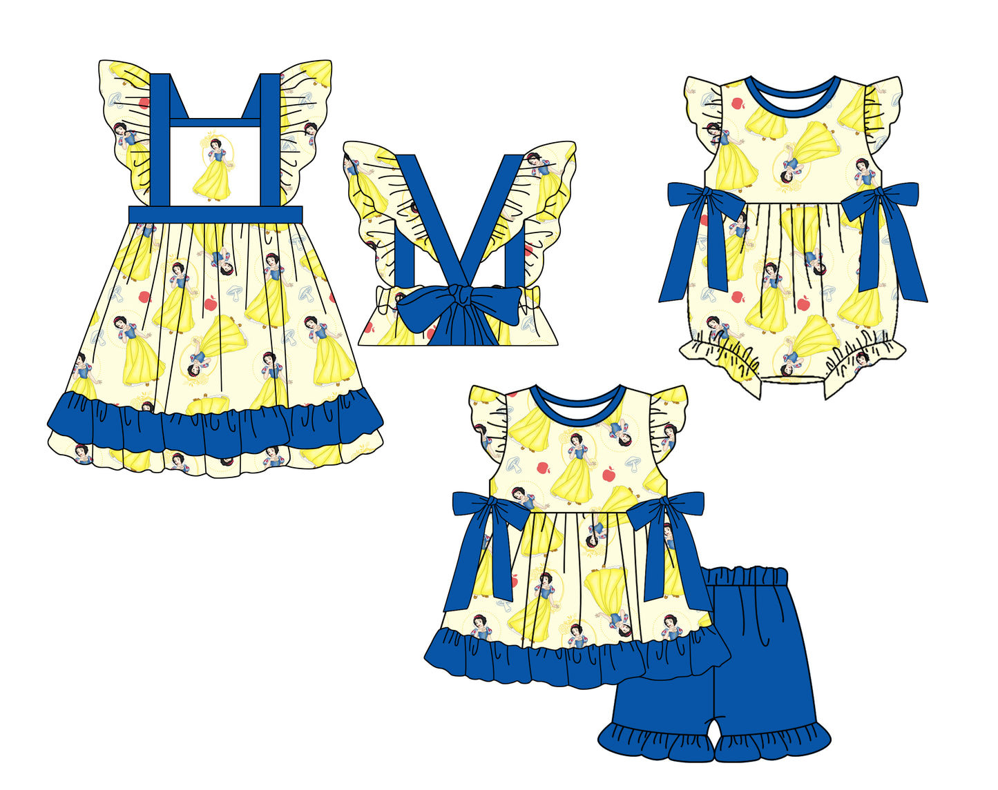 Baby Girl Princess Sibling Summer Yellow Blue Romper Dress Clothes Set ( Moq 5 Each Design )11.23