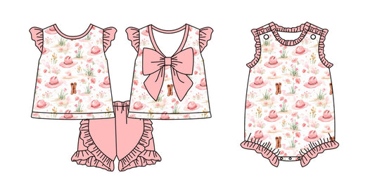 Baby Girl Western Flower Hats Pink Bow Sibling Romper Set ( Moq 5 Each Style ) 2.10