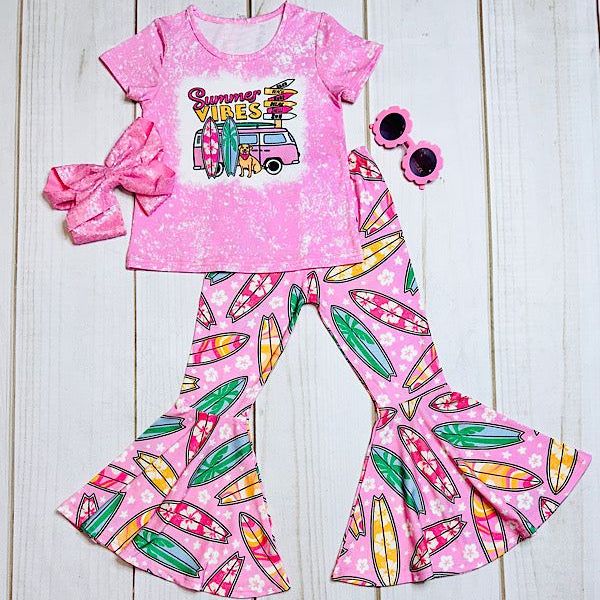 Moq 3 Pre-order GSPO1151 Baby Girl Summer Vibes Shirt Bell Pants Pink Set